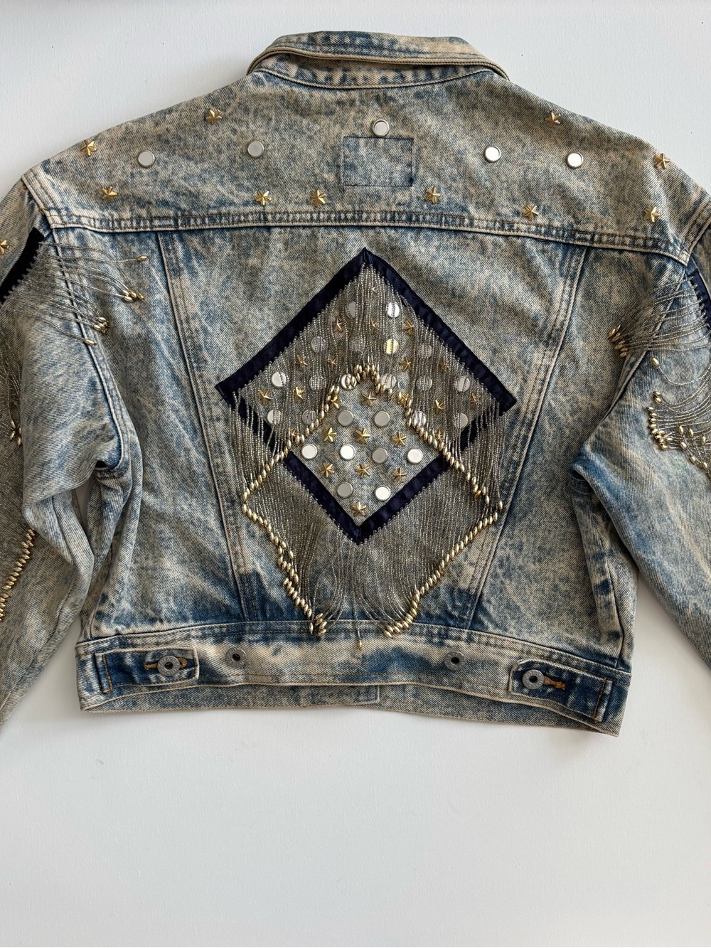 Vintage 1980s Embellished Denim Jacket with Fringe and Mirror Studs